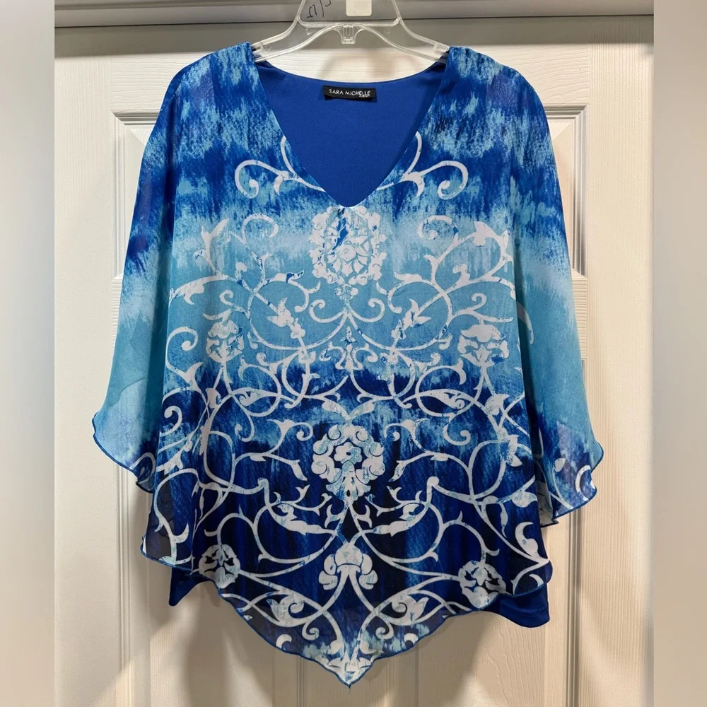 Sara Michelle Blue Ombre Scroll Sheer V-Neck Blouse - Picture 1 of 5